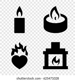 Burn icons set. set of 4 burn filled icons such as heart in fire, candle