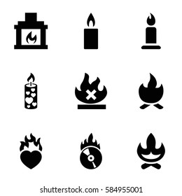 burn icons set. Set of 9 burn filled icons such as candle, no fire, heart in fire, CD fire, fireplace