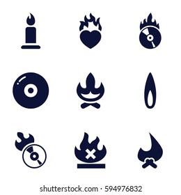 burn icons set. Set of 9 burn filled icons such as candle, no fire, heart in fire, disc flame, CD fire, flame, disc