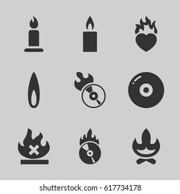 Burn icons set. set of 9 burn filled icons such as candle, no fire, heart in fire, disc flame, CD fire, flame, disc