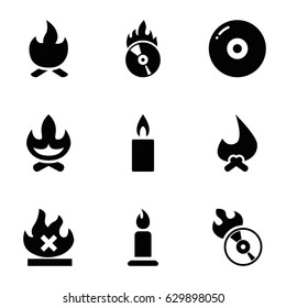 Burn icons set. set of 9 burn filled icons such as candle, no fire, disc flame, cd fire, bonfire
