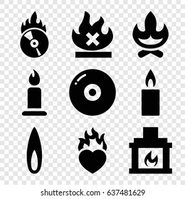 Burn icons set. set of 9 burn filled icons such as candle, no fire, heart in fire, cd fire, fireplace, flame, disc