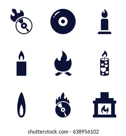 Burn icons set. set of 9 burn filled icons such as candle, disc flame, cd fire, fireplace, flame, bonfire