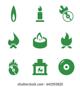Burn icons set. set of 9 burn filled icons such as candle, disc flame, cd fire, fireplace, flame, bonfire