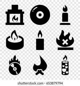 Burn icons set. set of 9 burn filled icons such as candle, no fire, cd fire, fireplace, disc
