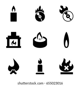 Burn icons set. set of 9 burn filled icons such as candle, no fire, disc flame, cd fire, fireplace, flame