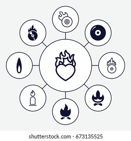 Burn icons set. set of 9 burn filled and outline icons such as cd fire, flame, bonfire, candle, heart in fire, disc flame