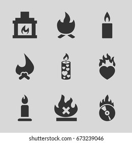 Burn icons set. set of 9 burn filled icons such as candle, no fire, heart in fire, cd fire, fireplace