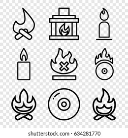 Burn icons set. set of 9 burn outline icons such as candle, no fire, cd fire, fireplace, bonfire
