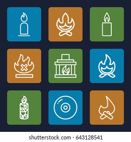 Burn icons set. set of 9 burn outline icons such as candle, no fire, fireplace, bonfire
