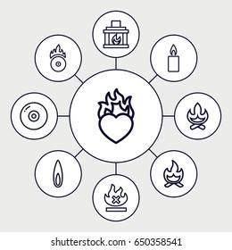 Burn icons set. set of 9 burn outline icons such as no fire, heart in fire, cd fire, candle, fireplace, flame, bonfire
