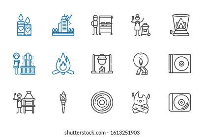 burn icons set. Collection of burn with disc, bonfire, compact disc, torch, brick grill, cd, match, geyser, burner, charcoal, burning grill. Editable and scalable burn icons.