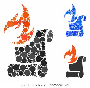Burn manuscript composition of filled circles in variable sizes and color tones, based on burn manuscript icon. Vector filled circles are composed into blue collage.
