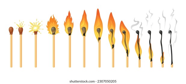 La quema coincide con las etapas del emparejamiento de llama quemada de la fila de ignición de madera isométrica de la ilustración vectorial. Combustión de palo inflamable quemadura de soplo secuencial encender humo caliente brillante azufre encendedor de madera