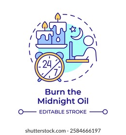 Burn the midnight oil multi color concept icon. Work overtime, overwork. Workflow management. Round shape line illustration. Abstract idea. Graphic design. Easy to use in infographic, presentation