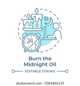 Burn the midnight oil soft blue concept icon. Work overtime, overwork. Workflow management. Round shape line illustration. Abstract idea. Graphic design. Easy to use in infographic, presentation