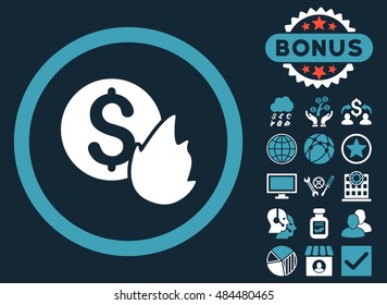 Burn Money icon with bonus elements. Vector illustration style is flat iconic bicolor symbols, blue and white colors, dark blue background.