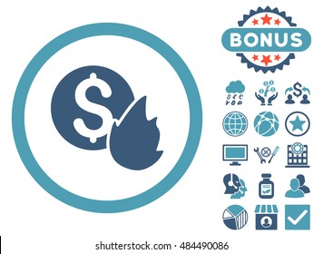Burn Money icon with bonus pictogram. Vector illustration style is flat iconic bicolor symbols, cyan and blue colors, white background.