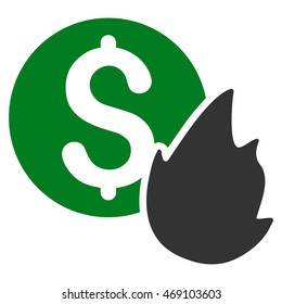 Burn Money icon. Vector style is bicolor flat iconic symbol with rounded angles, green and gray colors, white background.