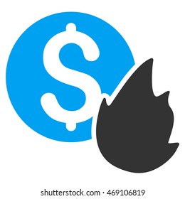Burn Money icon. Vector style is bicolor flat iconic symbol with rounded angles, blue and gray colors, white background.