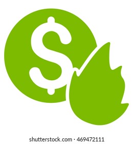 Burn Money icon. Vector style is flat iconic symbol with rounded angles, eco green color, white background.