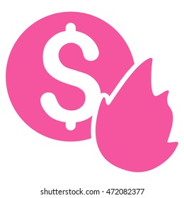Burn Money icon. Vector style is flat iconic symbol with rounded angles, pink color, white background.