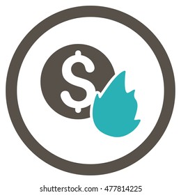 Burn Money rounded icon. Vector illustration style is flat iconic bicolor symbol, grey and cyan colors, white background.