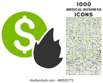 Burn Money vector bicolor icon with 1000 medical business icons. Set style is flat pictograms, eco green and gray colors, white background.
