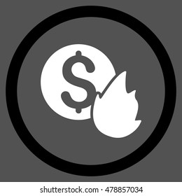 Burn Money vector bicolor rounded icon. Image style is a flat icon symbol inside a circle, black and white colors, gray background.