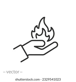 burn on hand icon, palm holding a fire flame, thin line symbol - editable stroke vector illustration