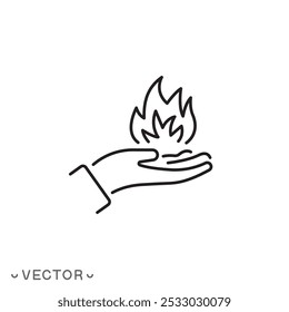 burn on hand icon, palm holding a fire flame, thin line symbol isolated on white background, editable stroke eps 10 vector illustration