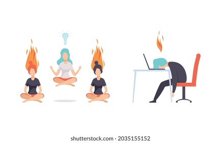 Burn out Stressed Man and Woman Feeling Fatigue and Exhaustion Sitting at Table and Doing Yoga Vector Set
