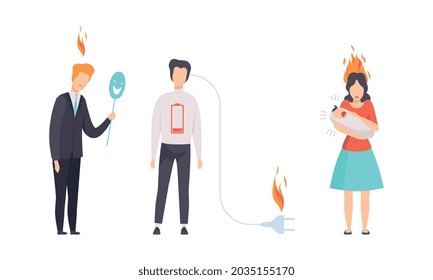 Burn out Stressed Man and Woman Feeling Fatigue and Exhaustion with Plug Off and Carrying Crying Baby Vector Set