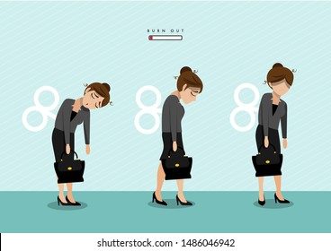 Burn out syndrome concept illustration with exhausted female office worker. Frustrated worker, mental health problems. Vector illustration in flat style