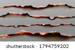 Burn paper borders, burnt page with smoldering fire on charred uneven edges, parchment sheets in flame. Burned, torn or ripped frame isolated on transparent background. Realistic 3d vector objects set