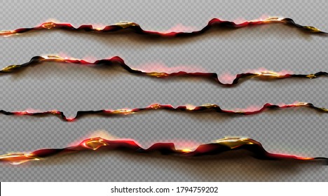 Burn paper borders, burnt page with smoldering fire on charred uneven edges, parchment sheets in flame. Burned, torn or ripped frame isolated on transparent background. Realistic 3d vector objects set