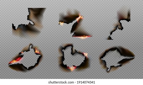 Burn paper corners  holes   borders  burnt page and smoldering fire charred uneven edges  parchment sheets in flame  Burned frames isolated transparent background  Realistic 3d vector set