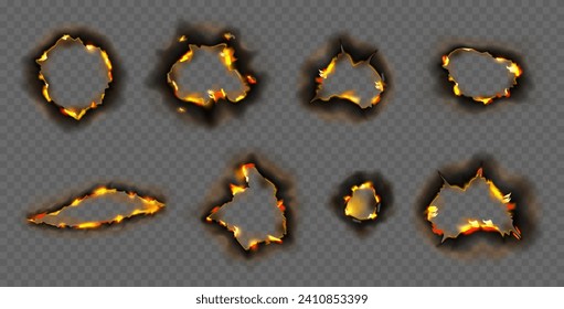 Burn paper fire with realistic charred edges. Vector holes on sheet, realistic page effect with ashes from flames. Torn borders and ripped frames with copy space, empty shapes with texture