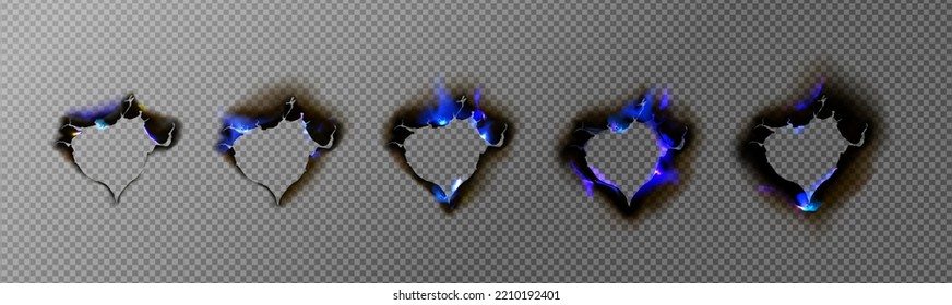Burn paper holes with blue fire, burnt borders or frames with smoldering charred uneven edges. Parchment sheets in flame isolated on transparent background, Realistic 3d vector illustration, set