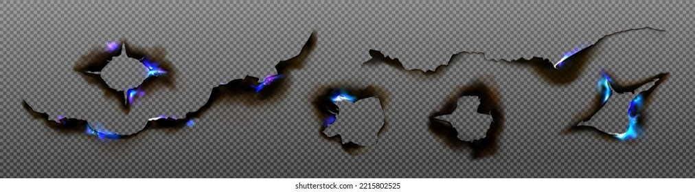 Burn paper holes and borders with blue fire. Burnt gaps with smoldering edges, charred parchment sheets in flame. Burned, torn, ripped frames isolated on transparent background Realistic 3d vector set