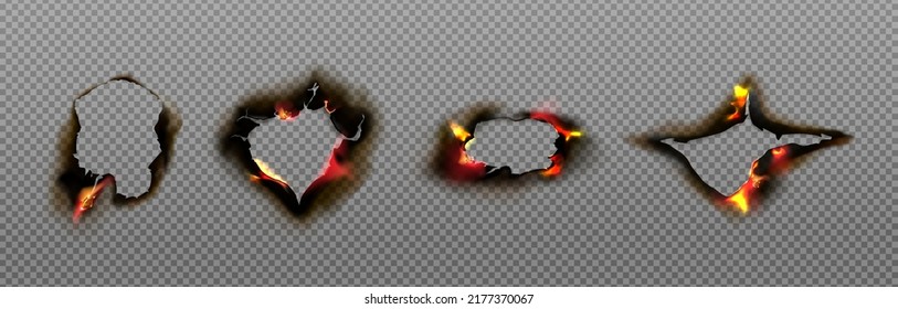 Burn paper holes and borders, burnt page with smoldering fire on charred uneven edges, parchment sheets in flame. Burned frames isolated on transparent background. Realistic 3d vector illustration set