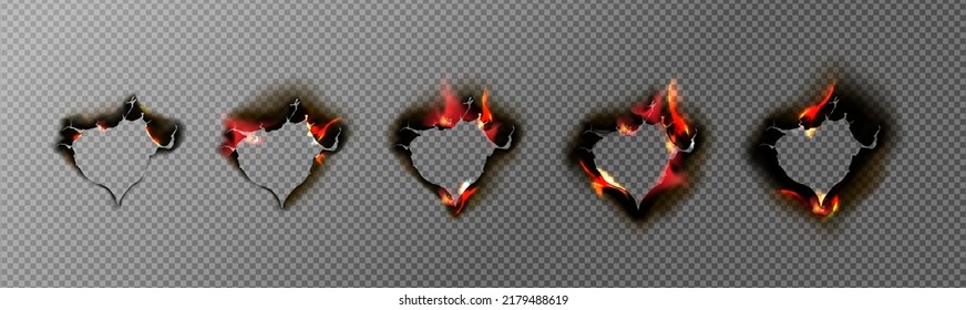 Burn paper holes and borders, burnt page with smoldering fire on charred uneven edges, parchment sheets in flame. Burned frames isolated on transparent background. Realistic 3d vector illustration set