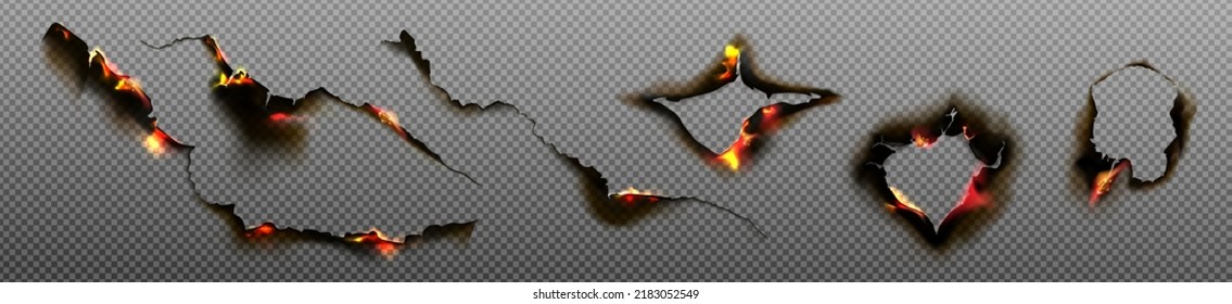 Burn paper holes and borders, burnt page with smoldering fire on charred uneven edges, parchment sheets in flame. Burned frames isolated on transparent background. Realistic 3d vector illustration set