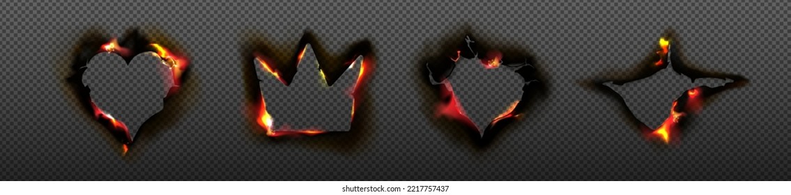 Burn paper holes and borders, burnt page in shape of heart and crown with smoldering fire on charred uneven edges, frames isolated on transparent background. Realistic 3d vector illustration, set
