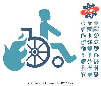 Burn Patient icon with bonus decorative symbols. Vector illustration style is flat iconic cyan and blue symbols on white background.