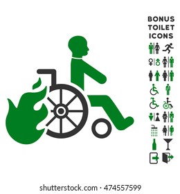Burn Patient icon and bonus male and lady lavatory symbols. Vector illustration style is flat iconic bicolor symbols, green and gray colors, white background.