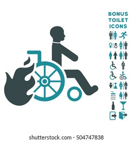 Burn Patient icon and bonus male and woman lavatory symbols. Vector illustration style is flat iconic bicolor symbols, soft blue colors, white background.