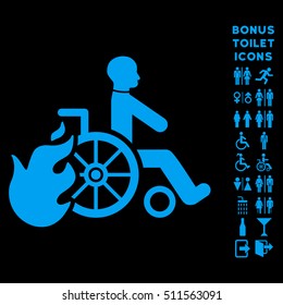 Burn Patient icon and bonus man and lady toilet symbols. Vector illustration style is flat iconic symbols, blue color, black background.