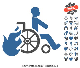 Burn Patient pictograph with bonus dating icon set. Vector illustration style is flat iconic cobalt and gray symbols on white background.