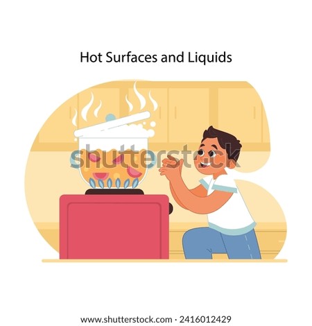 Burn prevention guide. Smiling surprised little boy ready to touch pot of boiling water, unaware of danger. Kitchen safety for kids. Protecting children from injuries. Flat vector illustration